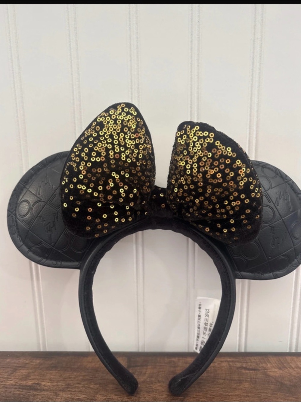 Disney Parks 50th Anniversary Black Faux Leather & Gold Minnie Ears Headband
